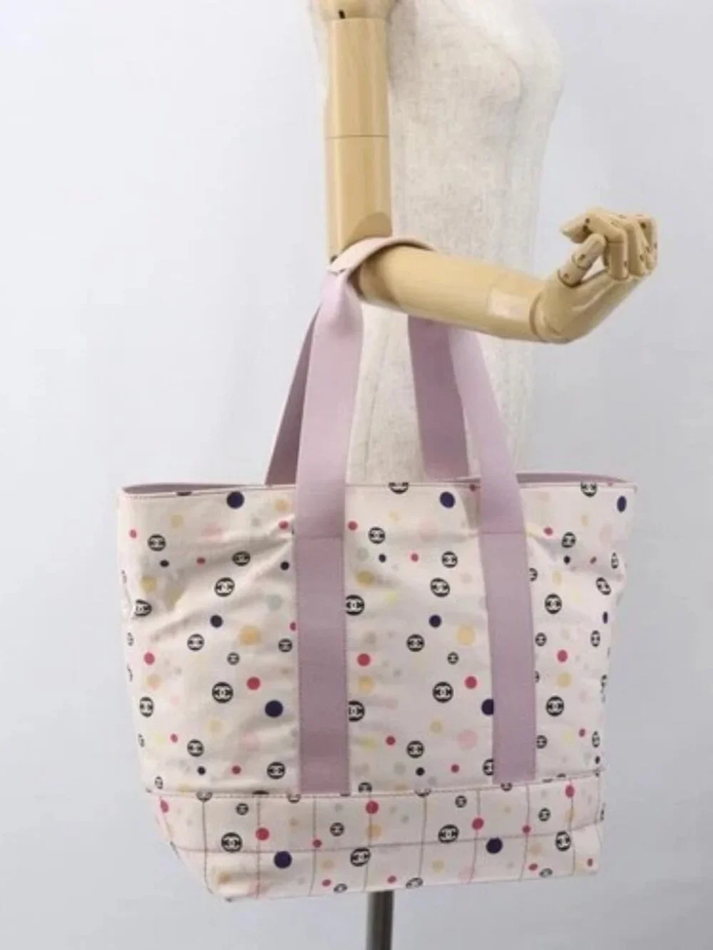 CHANEL Choco Bar Tote Bag Canvas Pink Gold CC Auth 161158
